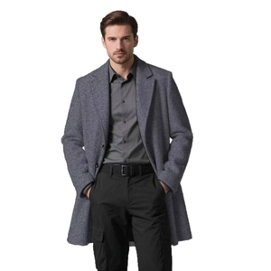 Classic men's mid-length grey wool blend coat with elegant notch lapels for casual business