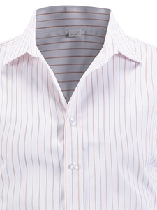 Close-up of men's striped business shirt collar with size M label and fine cotton texture