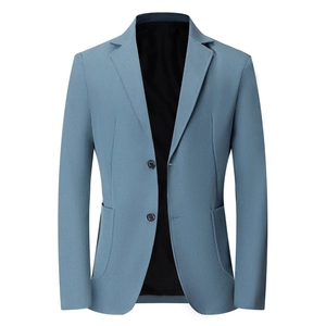 Classic slim fit men's blazer in grey-blue with two-button closure and padded shoulders