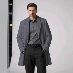 Men's grey wool blend overcoat with a lapel collar and casual business style