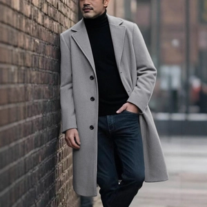 Manteau élégant pour hommes en laine gris clair avec coupe ajustée et col à revers chic