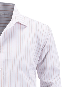 Detailed close-up of white striped men's dress shirt fabric texture and collar