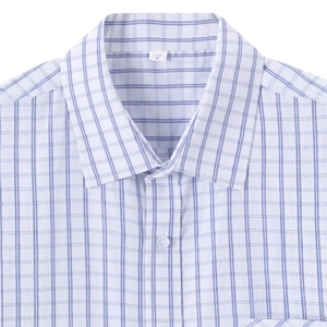 Men's business casual short sleeve plaid shirt in blue and white breathable cotton fabric