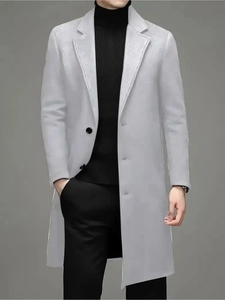 Classic light grey wool blend overcoat for men featuring a notch lapel and single-breasted design