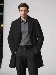 Classic black men's long lapel overcoat with a slim business casual tailored fit