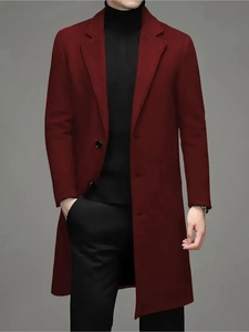 Slim fit burgundy wool overcoat for men with notch lapel and single-breasted design