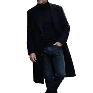 Manteau classique en laine noir pour homme, coupe ajustée, col à revers et boutonnage simple