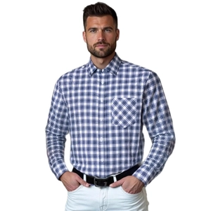 Classic men's blue and white checkered long-sleeved shirt with lapel and pocket