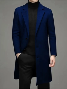 Classic men's single-breasted navy wool coat in a mid-length business style fit