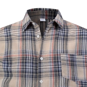 Men's breathable beige plaid long sleeve business shirt with buttoned pocket and collar