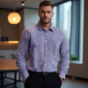 Men's blue and orange plaid long sleeve dress shirt with a front pocket for business