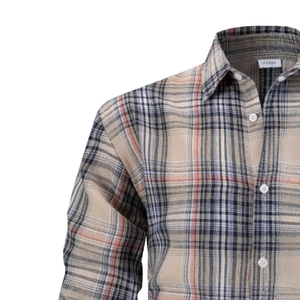 Men's breathable beige flannel striped long-sleeved shirt with classic plaid pattern
