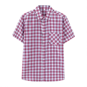 Men's short sleeve plaid business casual shirt with button-up collar and chest pocket