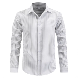 Men Striped Long Sleeve Shirt Business Casual Turndown Collar Polyester Rayon Button Down Top For Daily Work Men Clothes