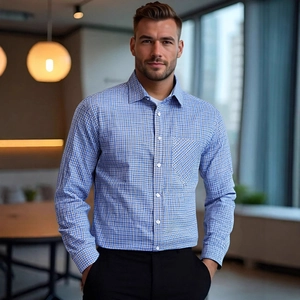 Classic blue and white checkered slim fit men's long sleeve business casual dress shirt
