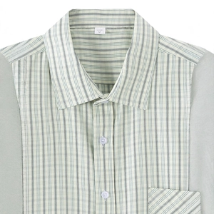 Men's green striped short sleeve business shirt with contrast grey sleeve cuffs