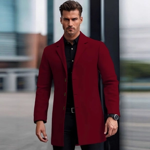 Elegant men's slim fit mid-length wine red wool trench coat with lapel collar
