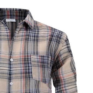 Classic beige flannel plaid long sleeve shirt for men with chest pocket and white buttons