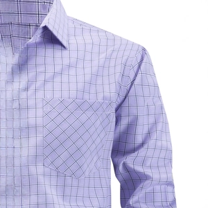 Men's purple and white long-sleeved plaid shirt with a diagonal cut front pocket detail