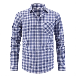 Classic men's blue and white plaid long sleeve shirt with pointed collar and front pocket