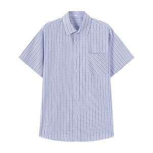 Men's short sleeve business shirt with blue and white stripes and a single chest pocket