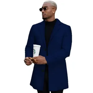 Classic men's navy blue wool blend trench coat in a stylish mid-length slim fit design