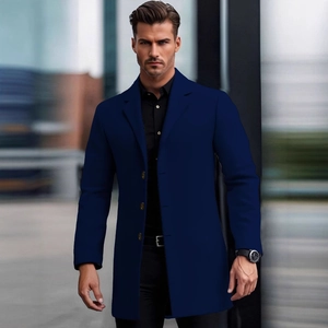 Elegant navy blue slim fit wool coat for men with a business casual mid-length design