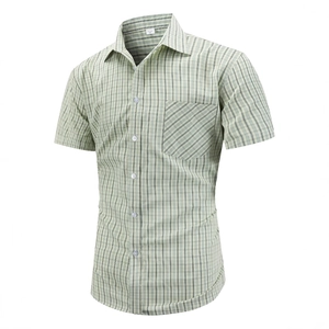 Mens casual short sleeve shirt with vertical dark olive green stripes and chest pocket