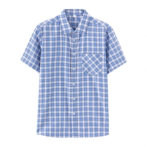 Classic blue and white plaid short-sleeved button-up shirt with a chest pocket