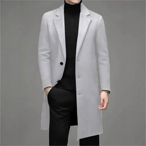 Classic men's mid-length light grey wool coat with notch lapel and single-breasted buttons