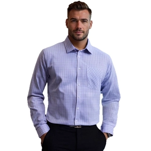 Men's light purple checkered long sleeve dress shirt with a front pocket in slim fit
