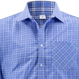 Classic blue and white plaid shirt with chest pocket and white buttons for men