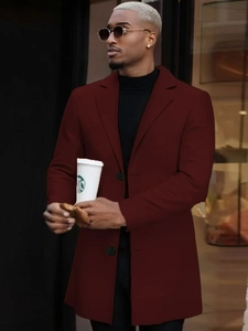 Slim fit men's wine red wool overcoat with notch lapel and single breasted buttons