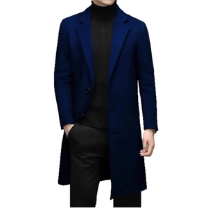 Navy blue mid-length wool coat for men with a classic notch lapel and slim fit design