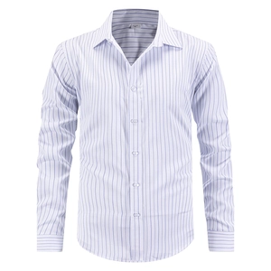 Men's blue and white striped long sleeve business casual shirt with button-up collar