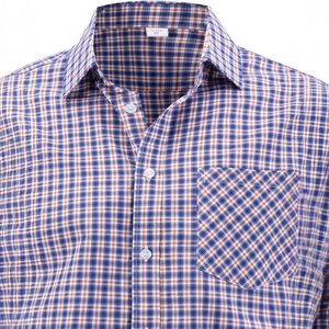 Mens business casual long sleeve plaid shirt in blue and orange check with chest pocket