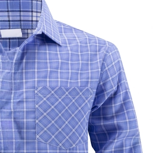 Classic men's blue plaid dress shirt with turn-down collar and front pocket detail
