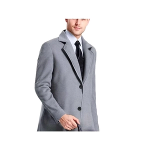 Mens grey wool blend business trench coat with classic lapel and single breasted buttons