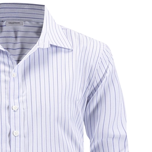 Men's business casual long sleeve shirt with blue vertical stripes on white fabric