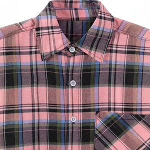 Classic pink and green plaid flannel shirt for men with a buttoned collar design