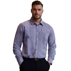 Classic men's blue and orange plaid long-sleeve business casual shirt with pocket