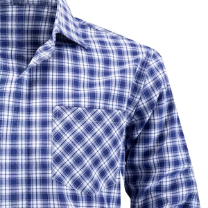 Men's blue and white checkered dress shirt with pointed collar and chest pocket