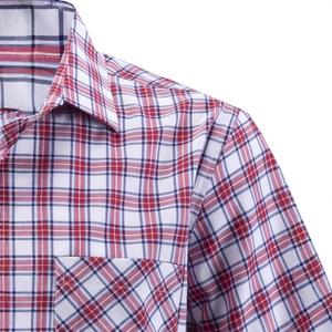 Men's business casual red and blue plaid short sleeve shirt with chest pocket and lapel