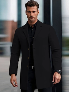 Elegant men's slim fit black mid-length wool coat with notched lapels and single-breasted buttons