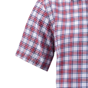 Men's short sleeve plaid button-down shirt in red blue and white checkered pattern