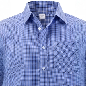 Men's business casual long sleeve plaid shirt in blue checkered pattern with chest pocket