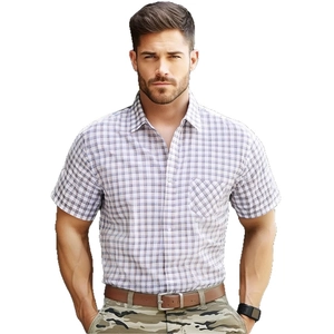 Classic men's short sleeve plaid shirt with lapel collar and single chest pocket detail
