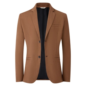 Classic men's tan single-breasted blazer with notched lapels and two-button closure