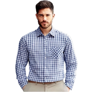 Chemise classique à manches longues à carreaux bleus et blancs pour hommes avec poche poitrine