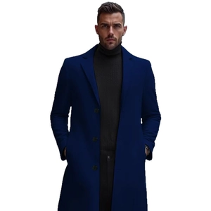 Elegant men's royal blue single-breasted mid-length trench coat with notch lapels